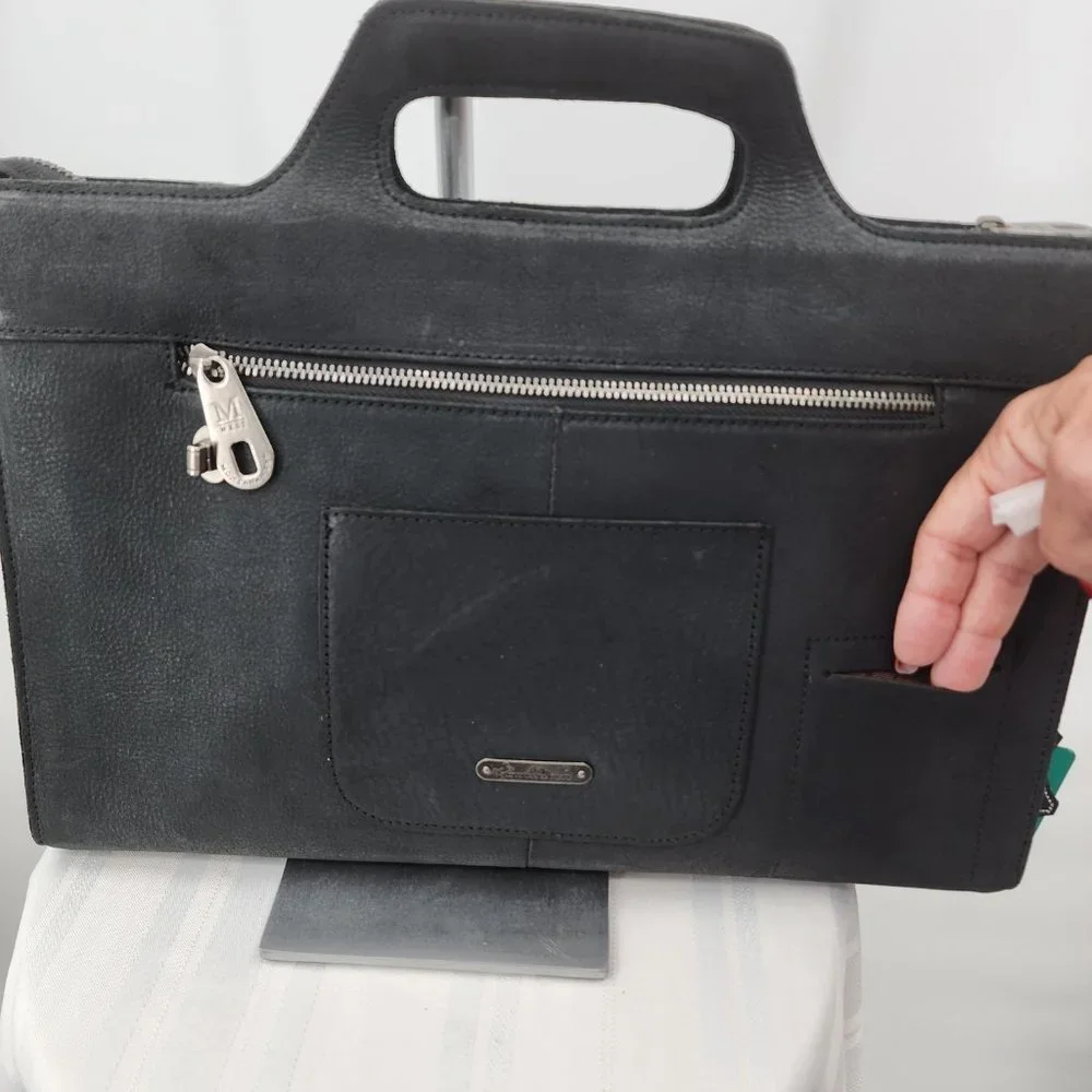MONTANA WEST Black Genuine Leather Laptop Case Tote & Wristlet Set NWT